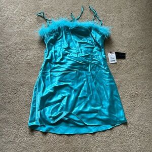Teal Faux Feather top silky dress